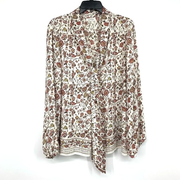 Max Studio Top Floral Print Tie Neck Long Sleeve White Blouse - Picture 1 of 10